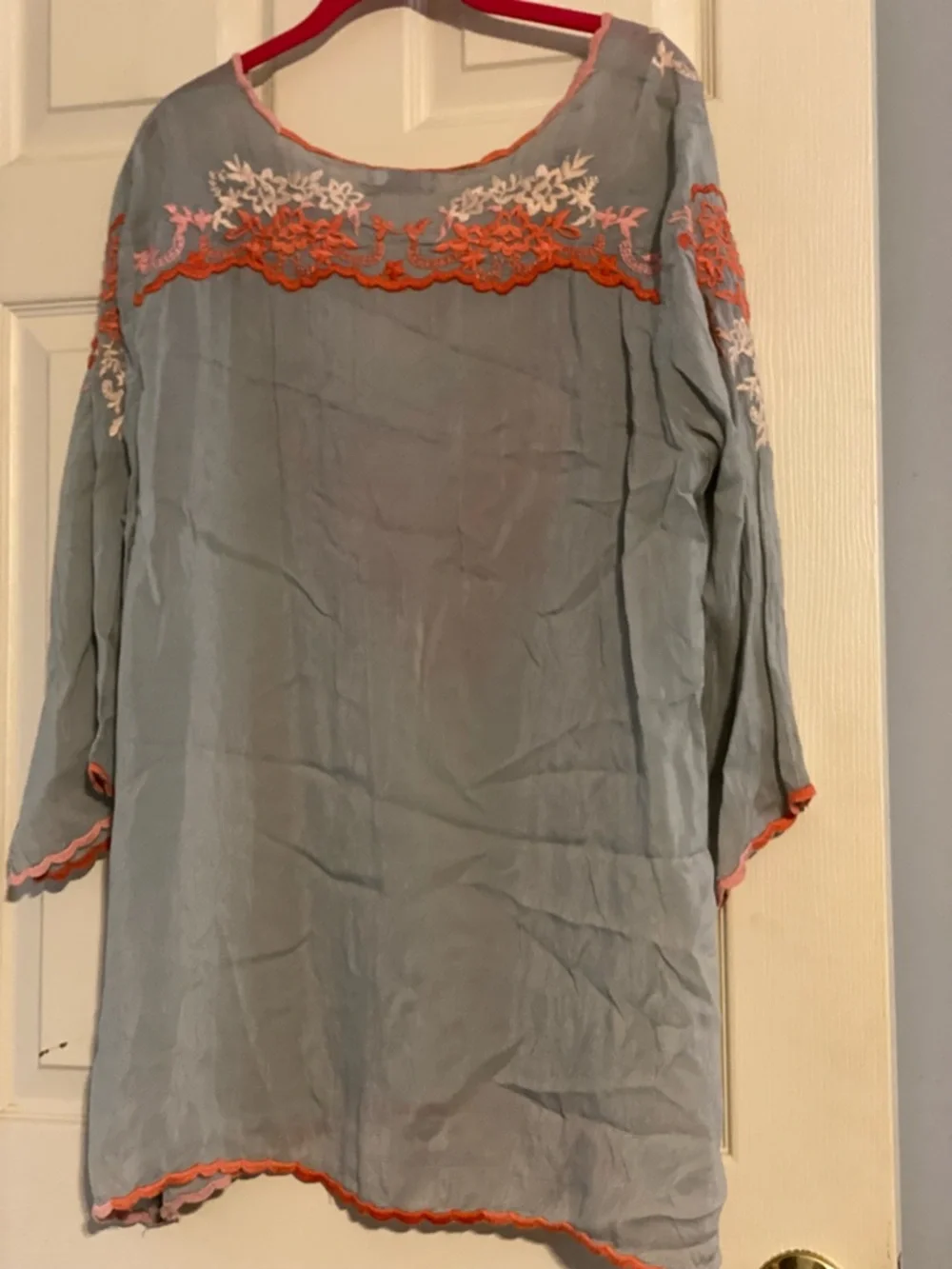 Johnny Was Light Blue Tunic with Coral and Cream Embroidery, Size XL - Picture 3 of 8